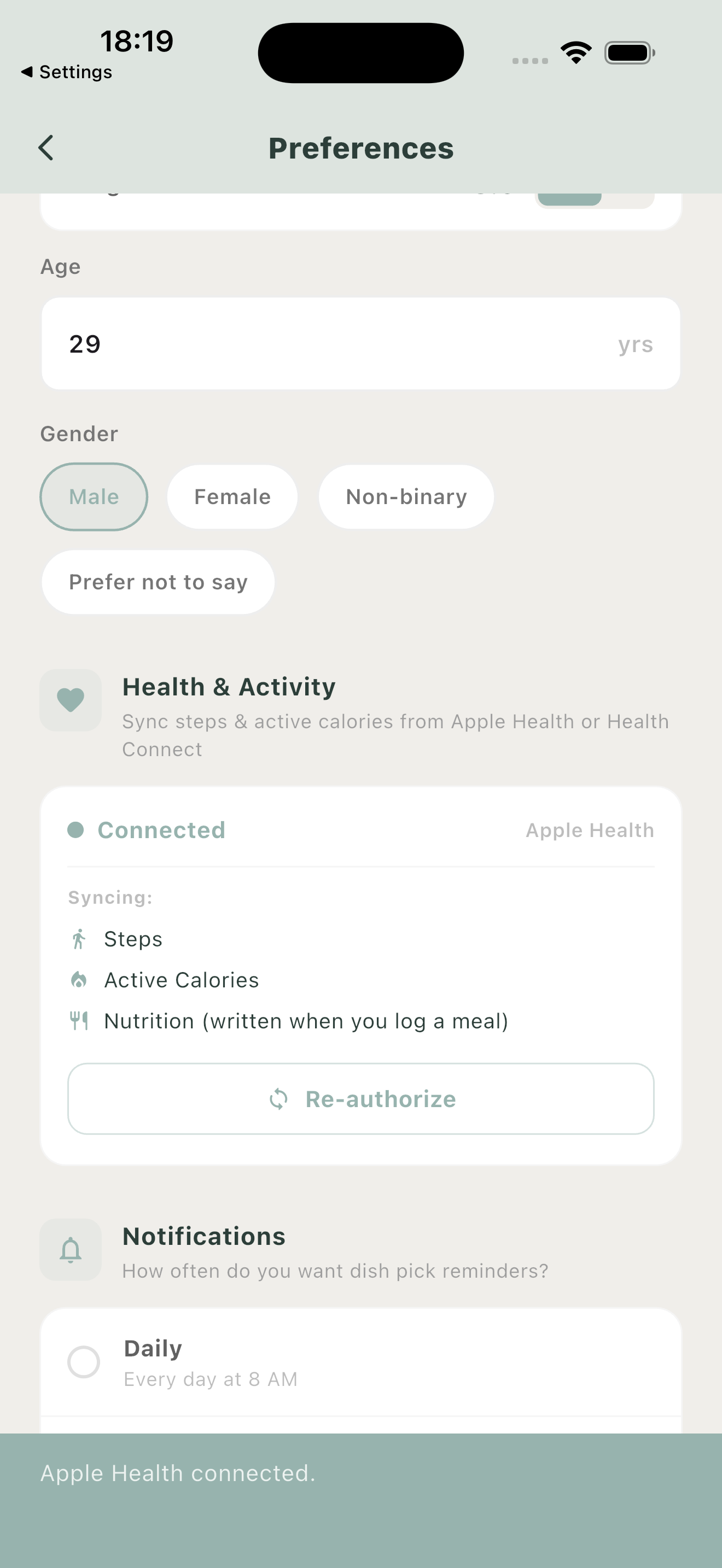 Onai health connected calorie target screen