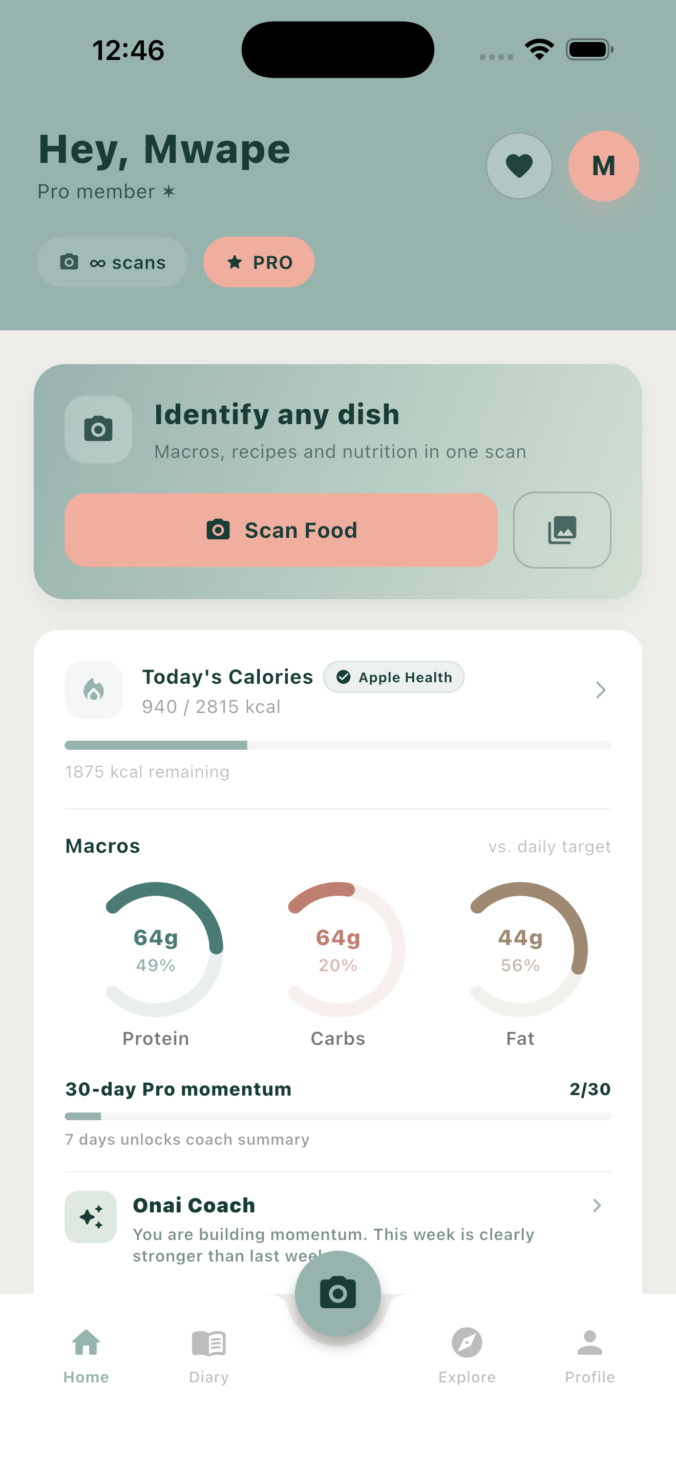 Onai Coach using daily nutrition and meal context