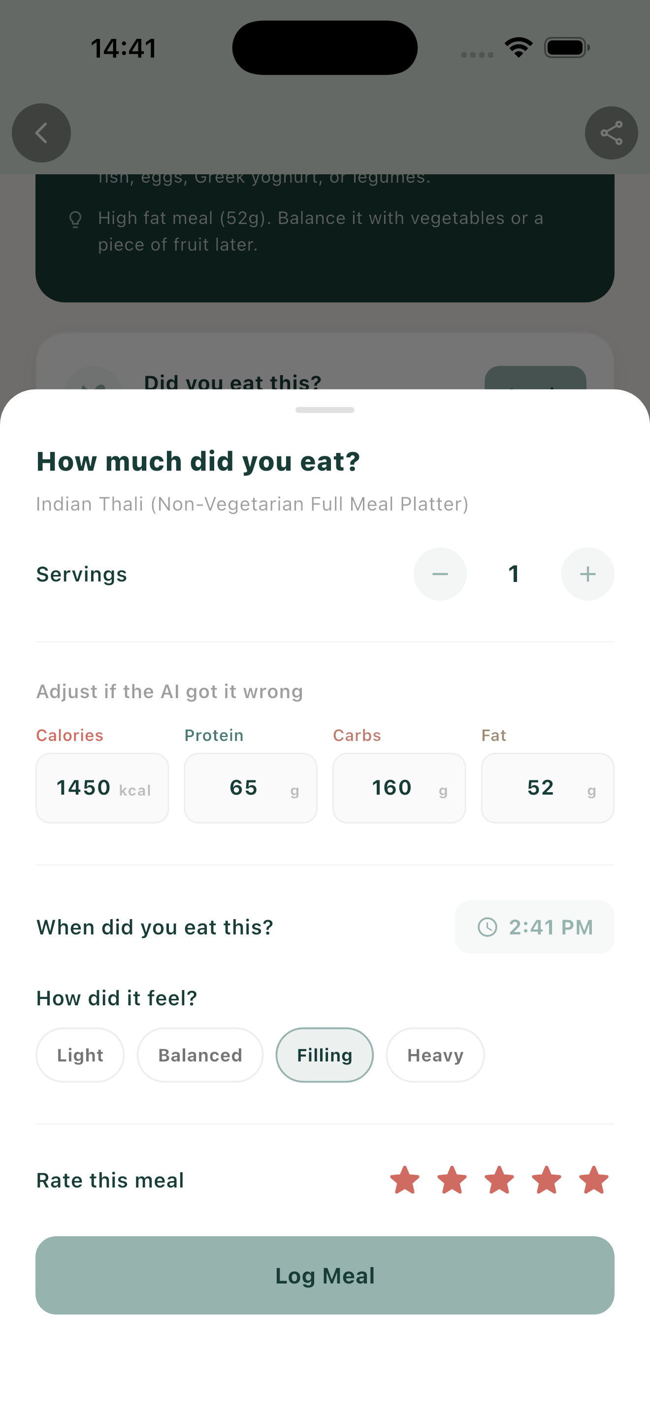 Onai meal logging sheet