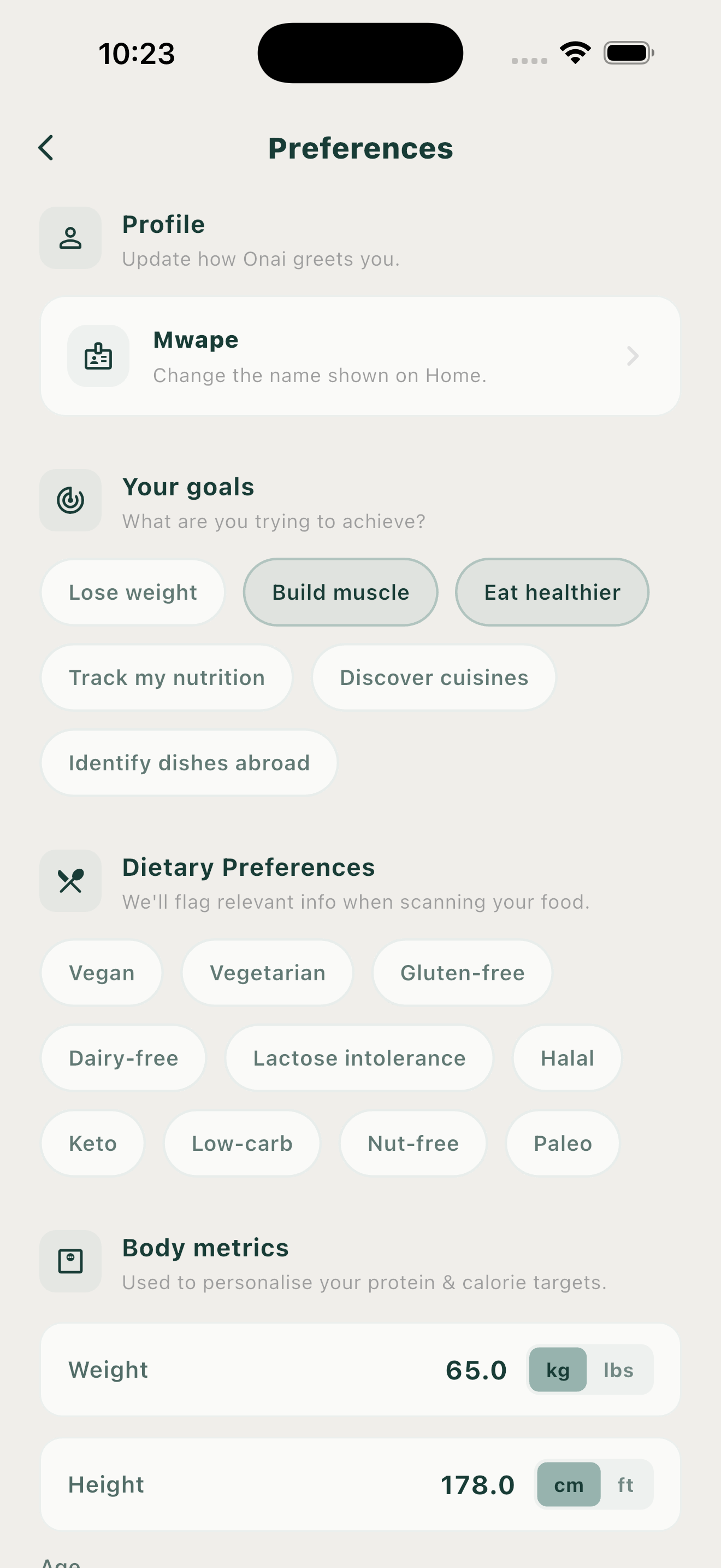 Onai goals and dietary preferences
