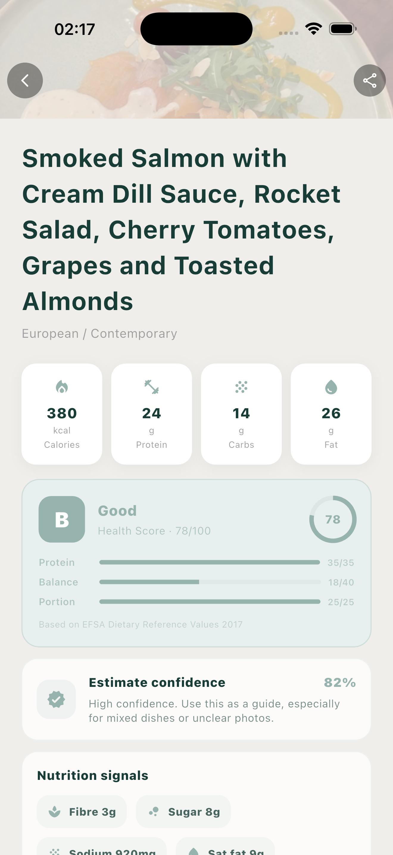 Onai nutrition signals on a food result