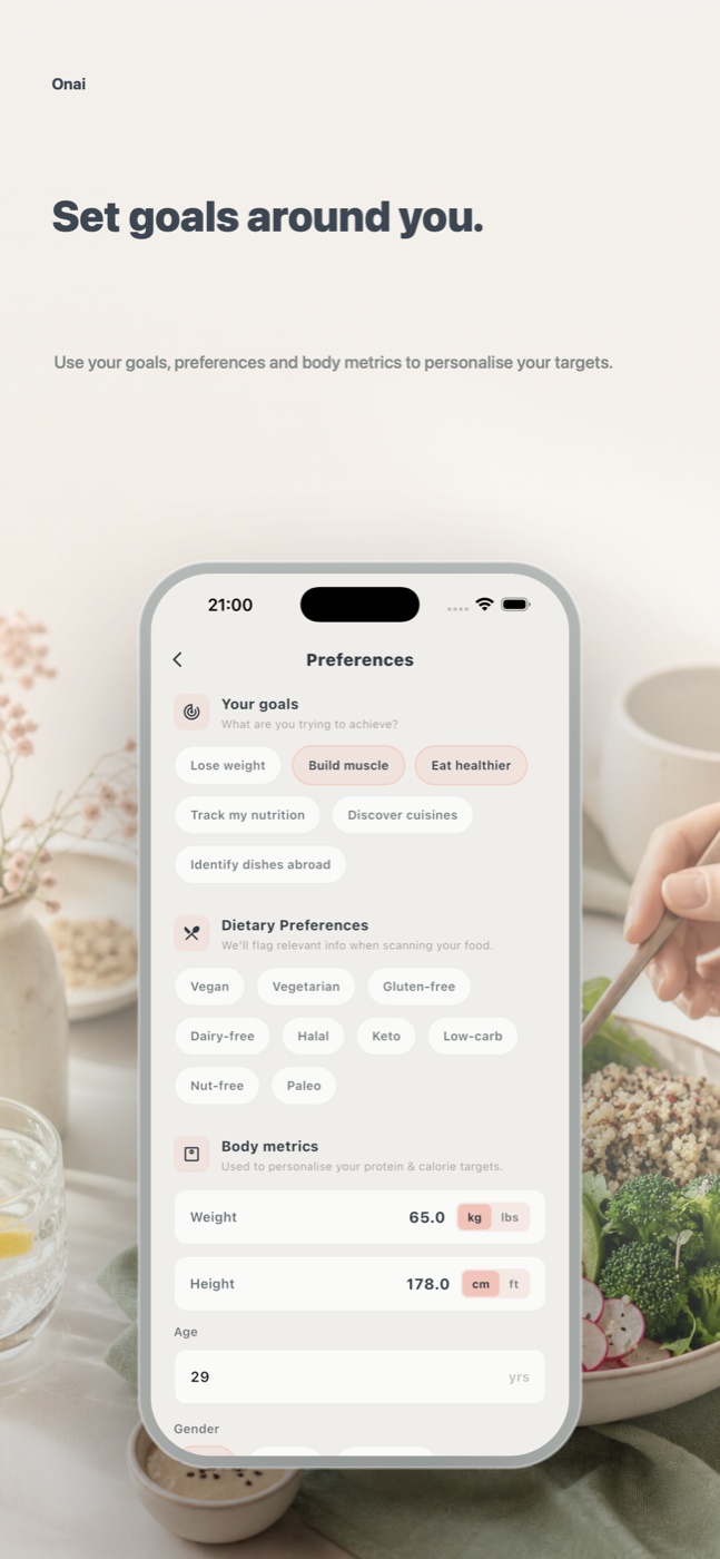 Onai goals and preferences screen